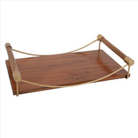 15 Inch Rectangular Wood Serving Tray with Matte Gold Trim, Brown - UPT-250425