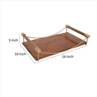 15 Inch Rectangular Wood Serving Tray with Matte Gold Trim, Brown - UPT-250425