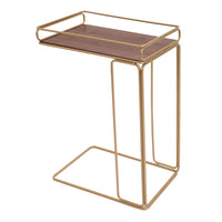 C Shape Minimalist Wood Side Tray Table with Metal Frame, Brown and Matte Gold - UPT-250426