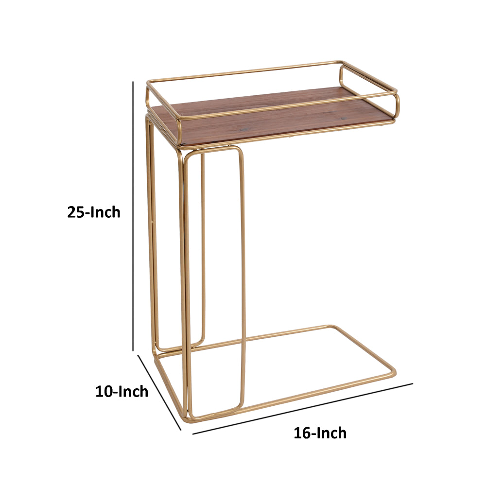 C Shape Minimalist Wood Side Tray Table with Metal Frame, Brown and Matte Gold - UPT-250426