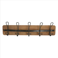 26 Inch Rustic Wood Indoor Outdoor 5 Wall Hooks, Brown - UPT-250427