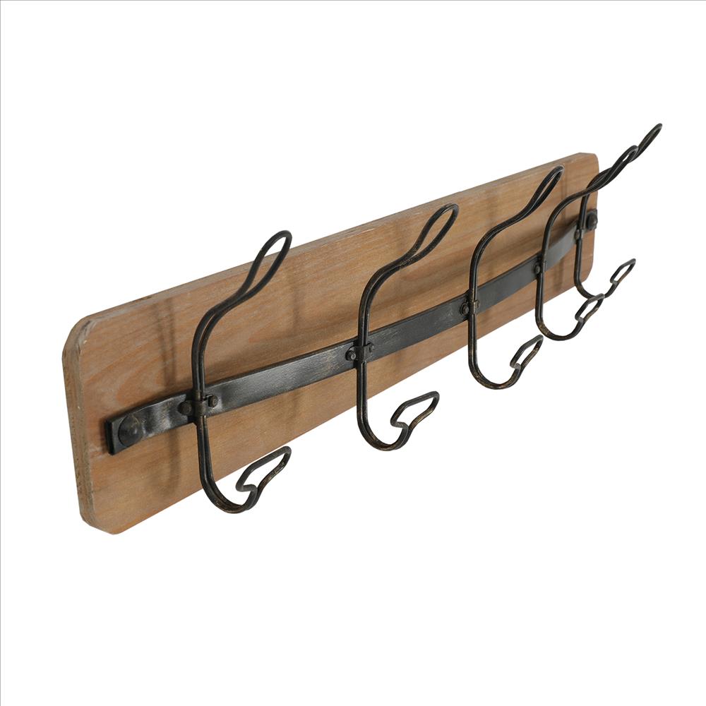 26in Wall Mounted Coat Hooks with Shelf Rustic Wood Coat Rack with 5 Dual Metal Hooks, White