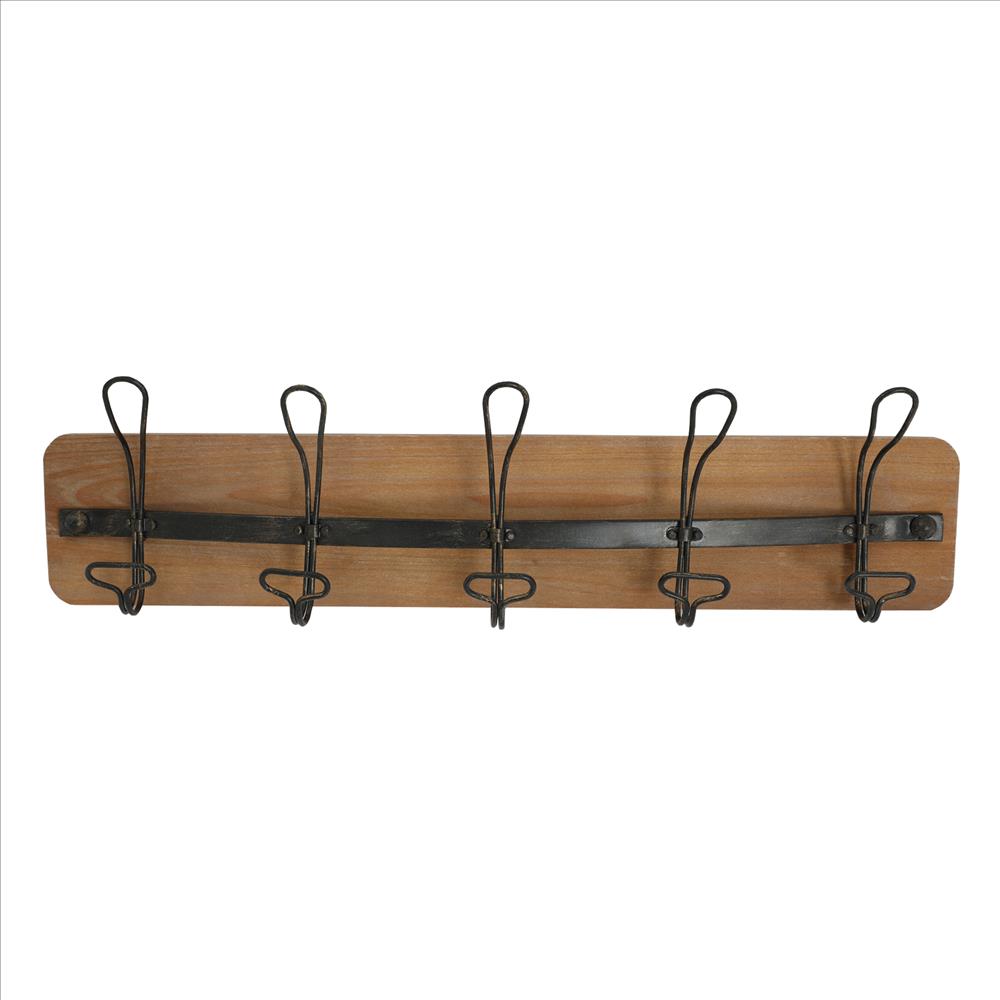 Set of 2 Coat Hooks Wall Mount with Shelf 26inch Rustic Wood Coat Rack with  5 Dual Metal Hooks