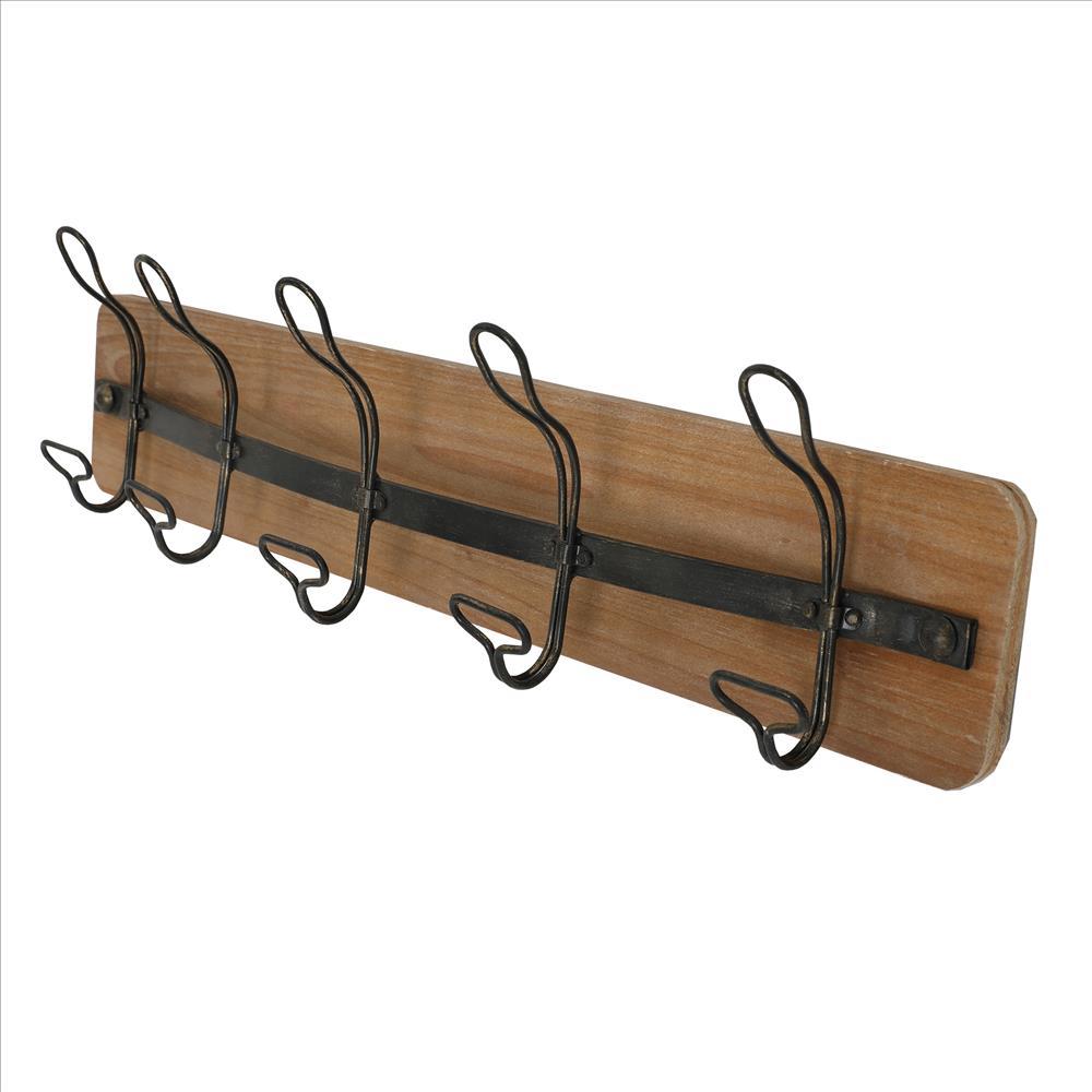 26in Coat Hooks Wall Mount with Shelf Rustic Wood Coat Rack with 5 Dual  Metal Hooks 