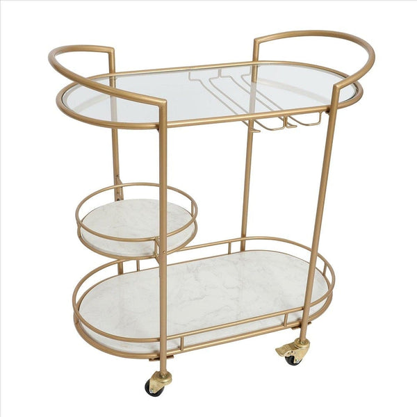 33 Inch Serving Cart, 3 Tier Glass and Marble Shelves, Gold Iron Frame, Lockable Casters - UPT-250429