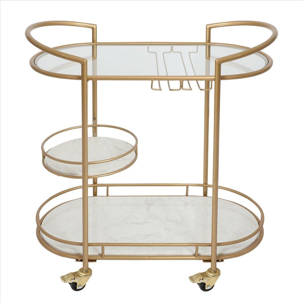 33 Inch Serving Cart, 3 Tier Glass and Marble Shelves, Gold Iron Frame, Lockable Casters - UPT-250429