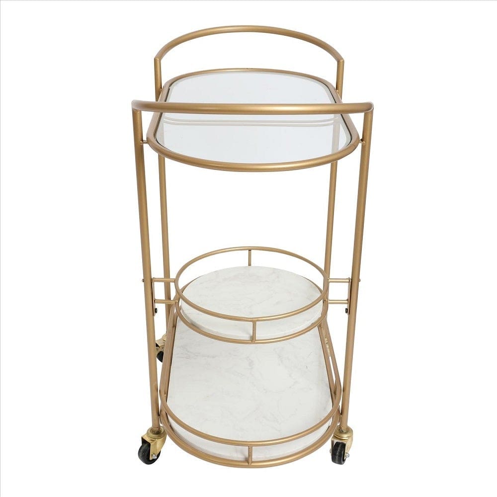 33 Inch Serving Cart, 3 Tier Glass and Marble Shelves, Gold Iron Frame, Lockable Casters - UPT-250429