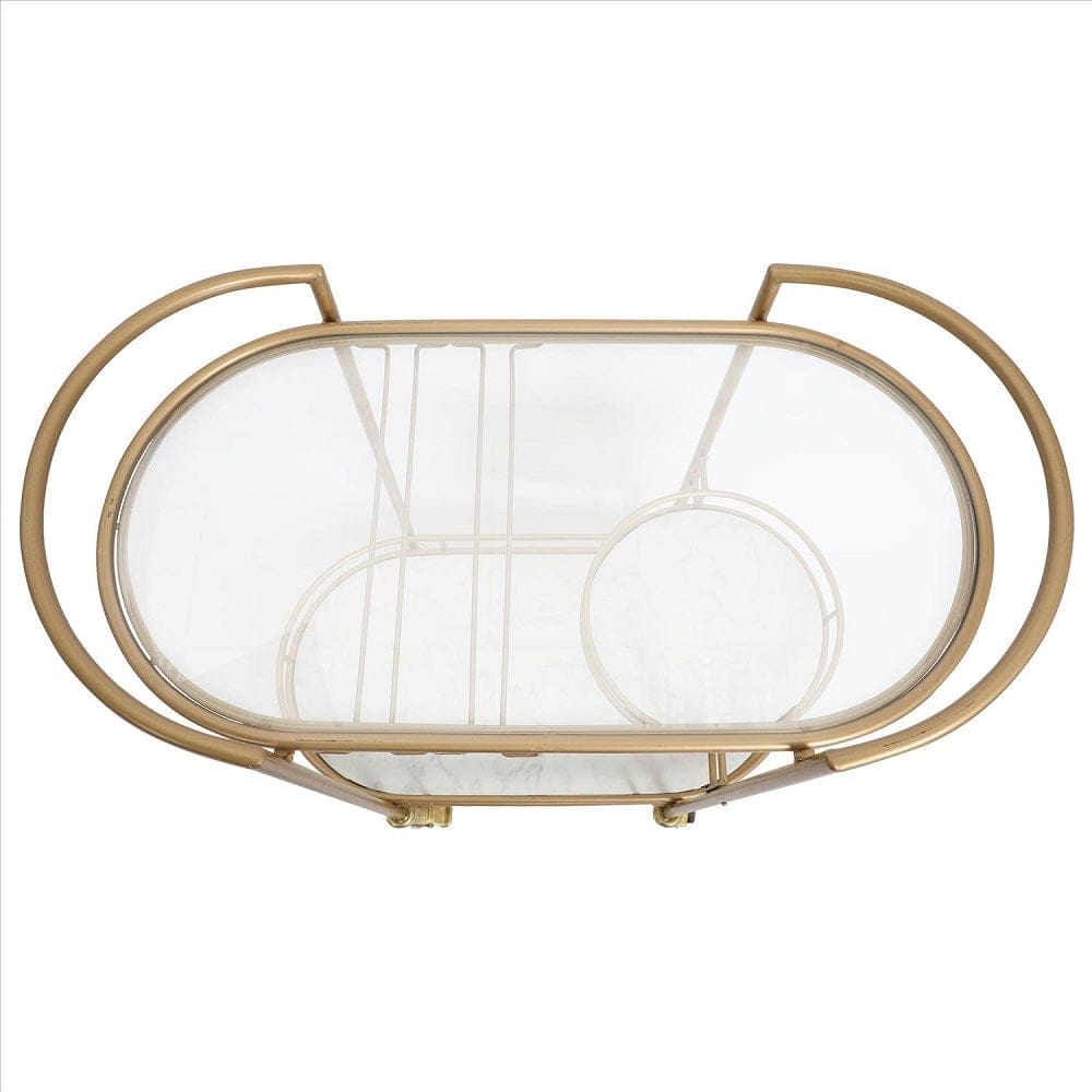 33 Inch Serving Cart, 3 Tier Glass and Marble Shelves, Gold Iron Frame, Lockable Casters - UPT-250429