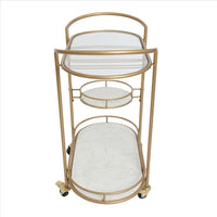 33 Inch Serving Cart, 3 Tier Glass and Marble Shelves, Gold Iron Frame, Lockable Casters - UPT-250429