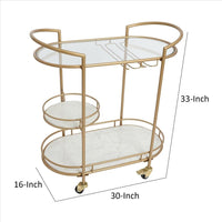 33 Inch Serving Cart, 3 Tier Glass and Marble Shelves, Gold Iron Frame, Lockable Casters - UPT-250429