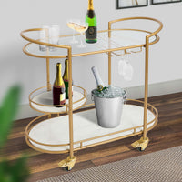 33 Inch Serving Cart, 3 Tier Glass and Marble Shelves, Gold Iron Frame, Lockable Casters - UPT-250429