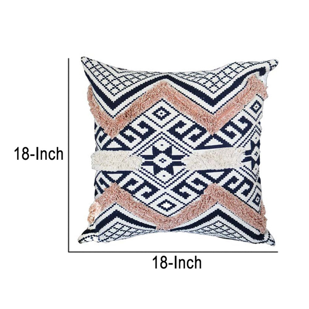 18 x 18 Handcrafted Square Jacquard Cotton Accent Throw Pillow, Geometric Tribal Pattern, Set of 2, White, Black, Beige - UPT-261538