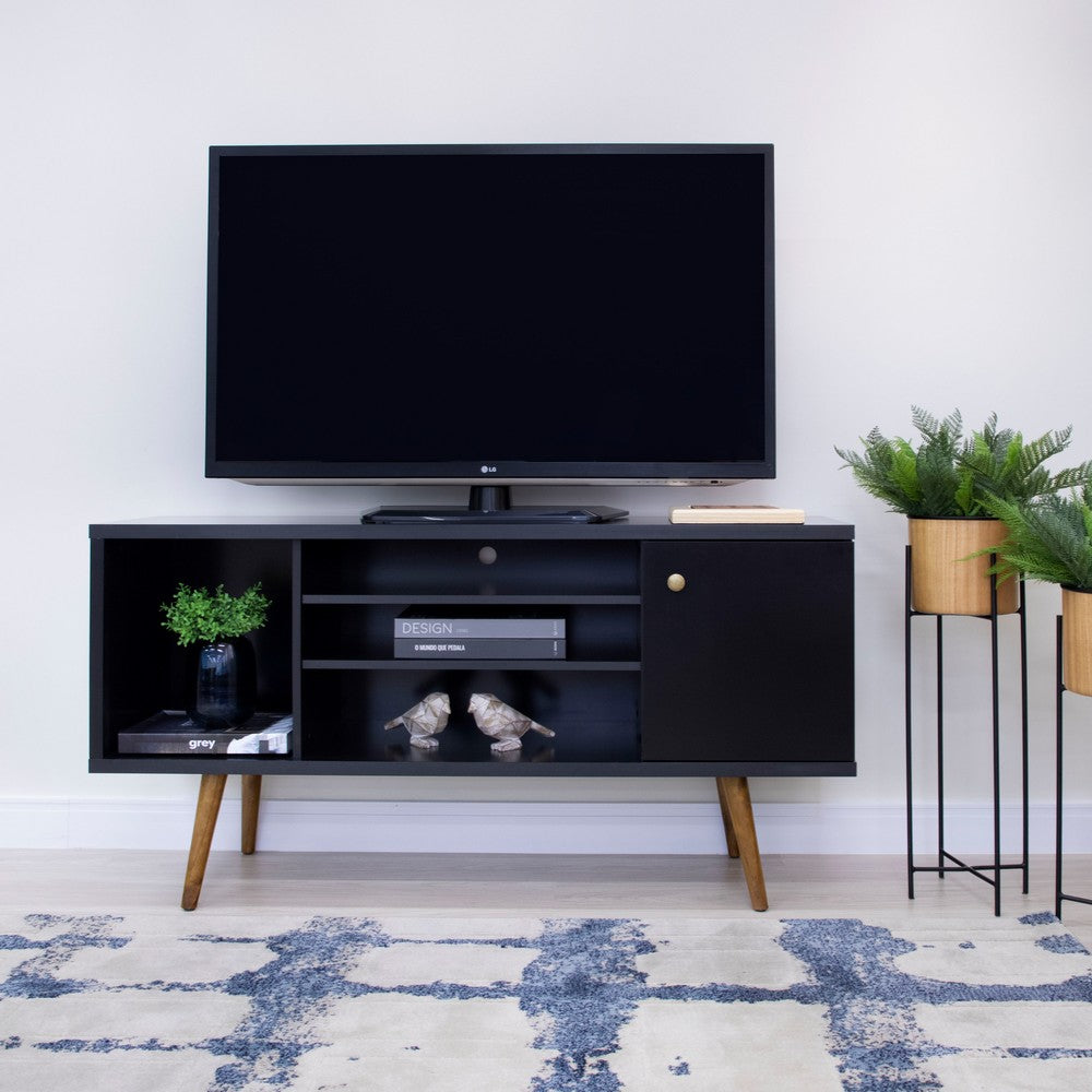 Reece 53 Inch Handcrafted Modern Wood TV Media Entertainment Cabinet Console, 2 Tone, Brown Legs, Black - UPT-262090