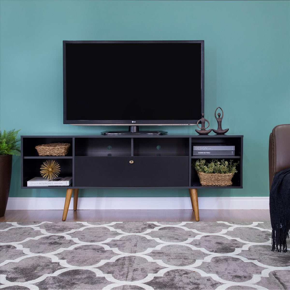 63 Inch TV Entertainment Media console with Drop Down Cabinet, Black, Brown - UPT-262092