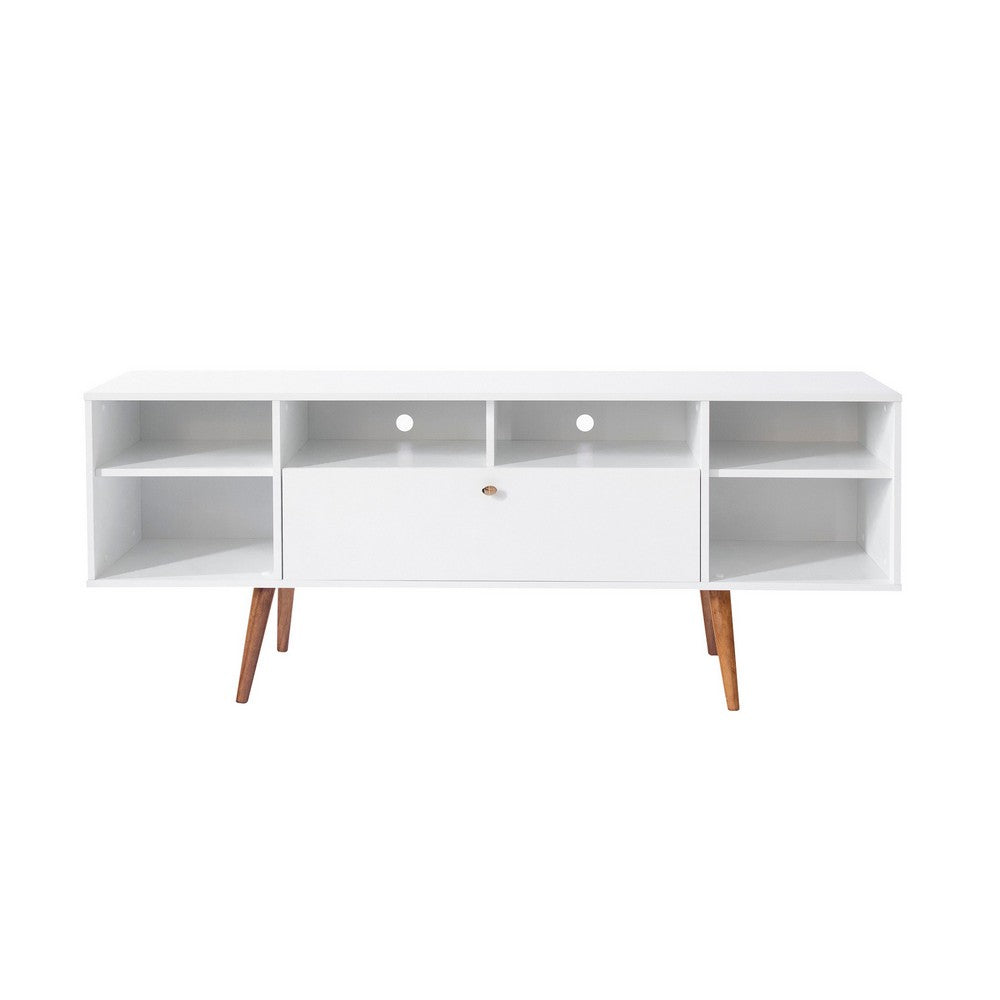 Reece 63 Inch Handcrafted Modern Wood TV Media Entertainment Console, Drop Down Storage, 2 Tone, Brown Legs, White - UPT-262093