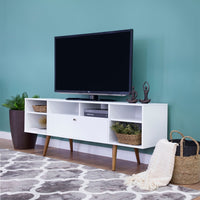 Reece 63 Inch Handcrafted Modern Wood TV Media Entertainment Console, Drop Down Storage, 2 Tone, Brown Legs, White - UPT-262093
