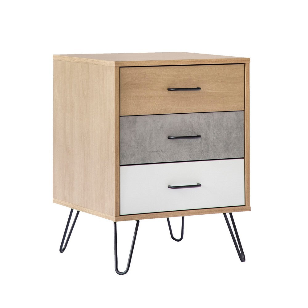 Harper 24 Inch Handcrafted Modern Tricolor Wood Nightstand, 3 Drawers, Metal Hairpin Legs, Oak, White, Gray - UPT-262098