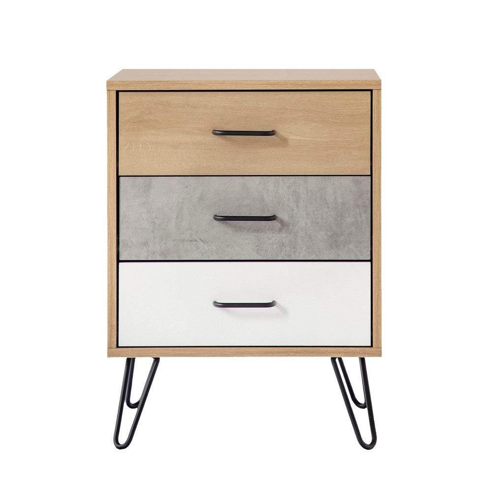 Harper 24 Inch Handcrafted Modern Tricolor Wood Nightstand, 3 Drawers, Metal Hairpin Legs, Oak, White, Gray - UPT-262098