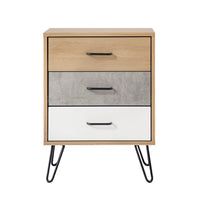 Harper 24 Inch Handcrafted Modern Tricolor Wood Nightstand, 3 Drawers, Metal Hairpin Legs, Oak, White, Gray - UPT-262098