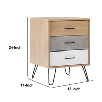 Harper 24 Inch Handcrafted Modern Tricolor Wood Nightstand, 3 Drawers, Metal Hairpin Legs, Oak, White, Gray - UPT-262098