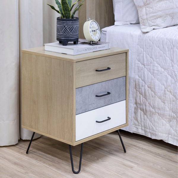 Harper 24 Inch Handcrafted Modern Tricolor Wood Nightstand, 3 Drawers, Metal Hairpin Legs, Oak, White, Gray - UPT-262098