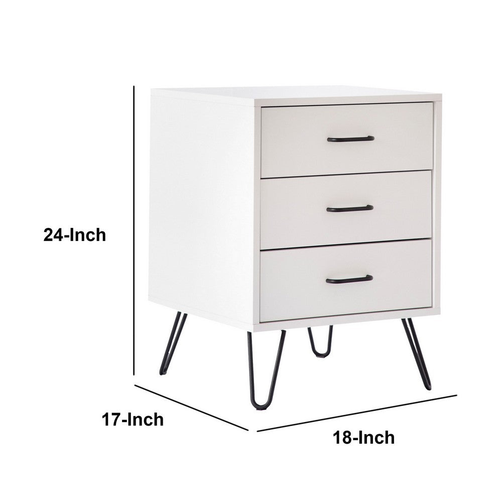 Harper 24 Inch Handcrafted Modern Wood Nightstand, 3 Drawers, Metal Hairpin Legs, White - UPT-262099