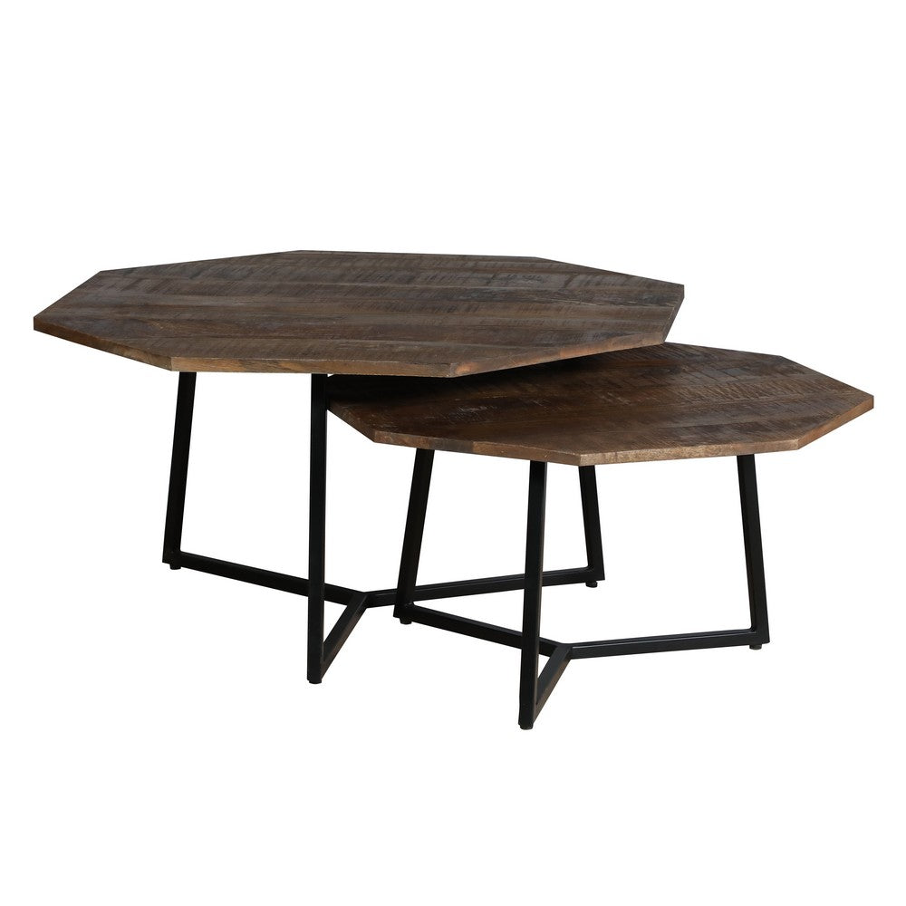 35, 28 Inch 2 Piece Nesting Coffee Table Set, Octagon Top, Mango Wood, Brown and Black - UPT-262386