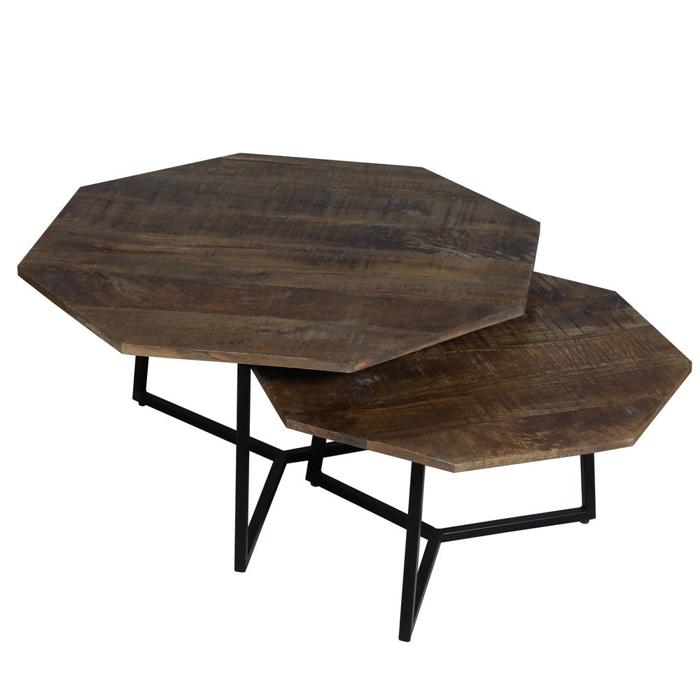 35, 28 Inch 2 Piece Nesting Coffee Table Set, Octagon Top, Mango Wood, Brown and Black - UPT-262386