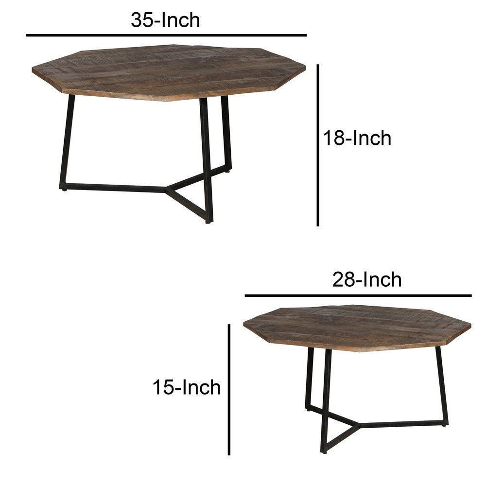 35, 28 Inch 2 Piece Nesting Coffee Table Set, Octagon Top, Mango Wood, Brown and Black - UPT-262386