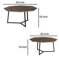 35, 28 Inch 2 Piece Nesting Coffee Table Set, Octagon Top, Mango Wood, Brown and Black - UPT-262386