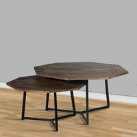 35, 28 Inch 2 Piece Nesting Coffee Table Set, Octagon Top, Mango Wood, Brown and Black - UPT-262386