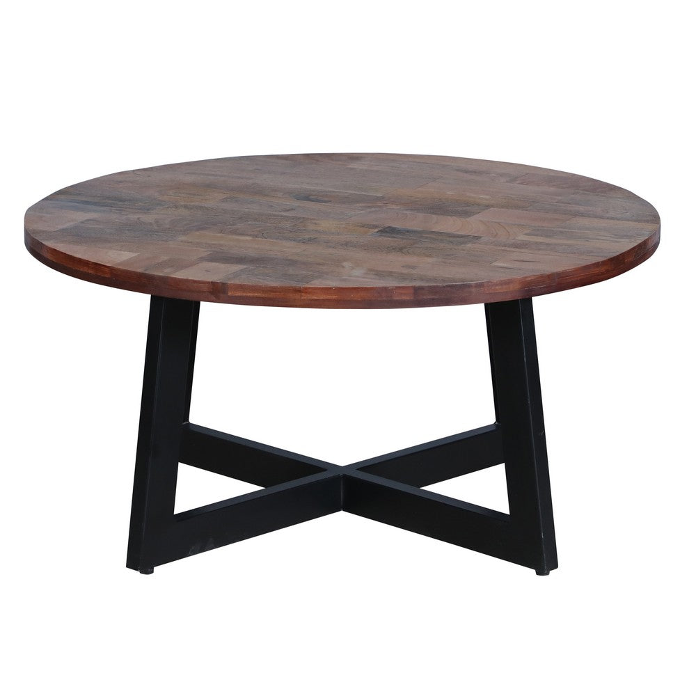 31 Inch Round Mango Wood Farmhouse Coffee Table, X Shape Iron Frame, Brown, Black - UPT-262388