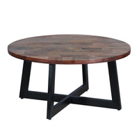 31 Inch Round Mango Wood Farmhouse Coffee Table, X Shape Iron Frame, Brown, Black - UPT-262388