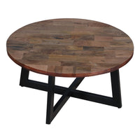 31 Inch Round Mango Wood Farmhouse Coffee Table, X Shape Iron Frame, Brown, Black - UPT-262388