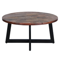 31 Inch Round Mango Wood Farmhouse Coffee Table, X Shape Iron Frame, Brown, Black - UPT-262388