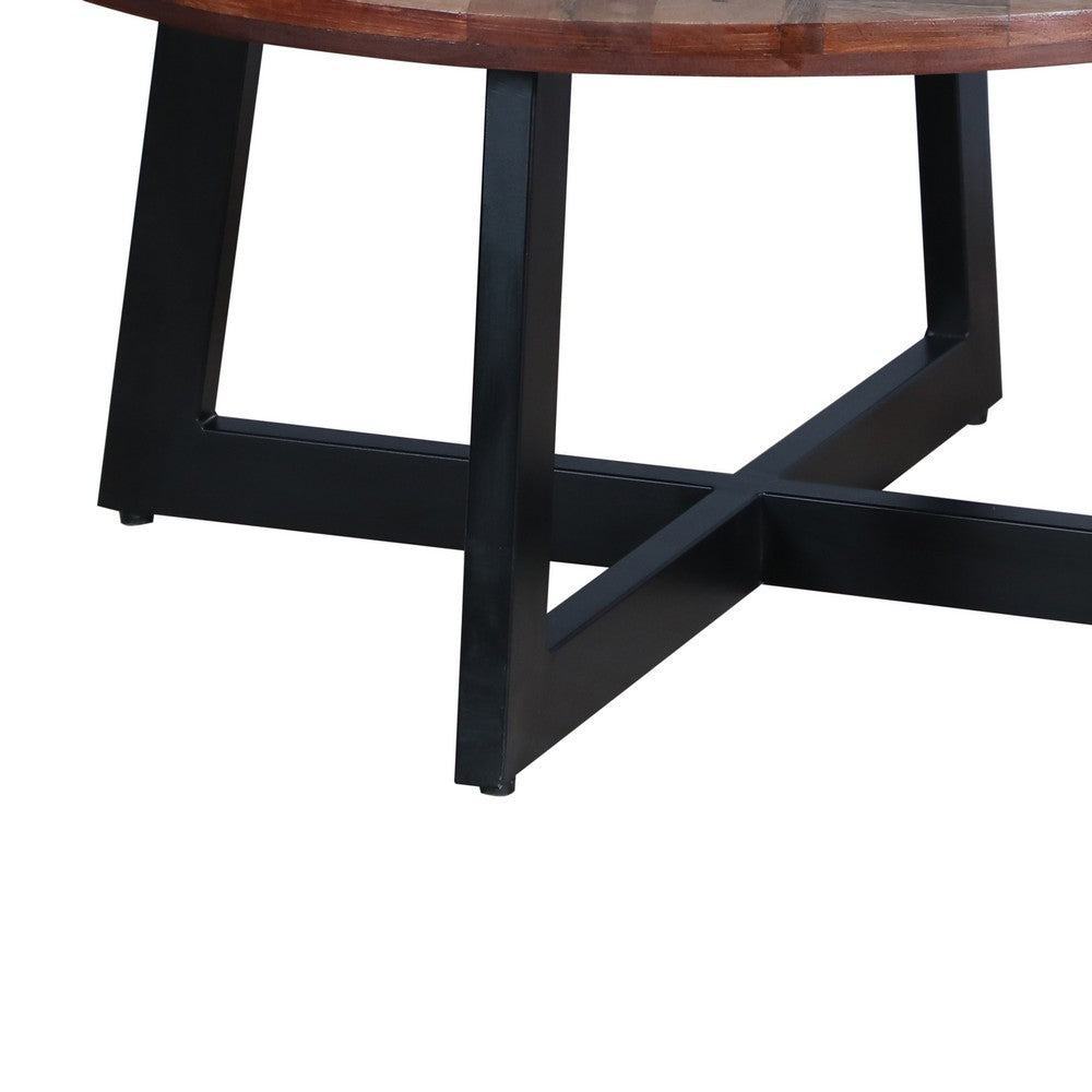 31 Inch Round Mango Wood Farmhouse Coffee Table, X Shape Iron Frame, Brown, Black - UPT-262388