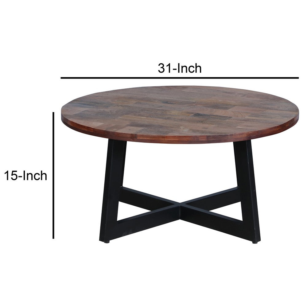 31 Inch Round Mango Wood Farmhouse Coffee Table, X Shape Iron Frame, Brown, Black - UPT-262388