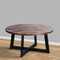 31 Inch Round Mango Wood Farmhouse Coffee Table, X Shape Iron Frame, Brown, Black - UPT-262388