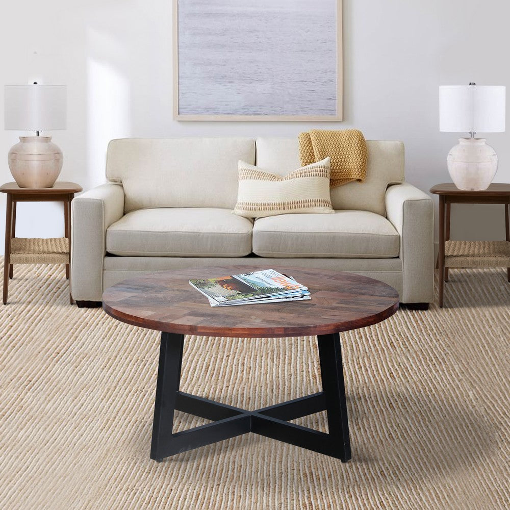 31 Inch Round Mango Wood Farmhouse Coffee Table, X Shape Iron Frame, Brown, Black - UPT-262388