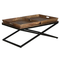 38 Inch Rectangular Mango Wood Farmhouse Coffee Table, 2 Trays, X Iron Base, Brown and Black - UPT-262389