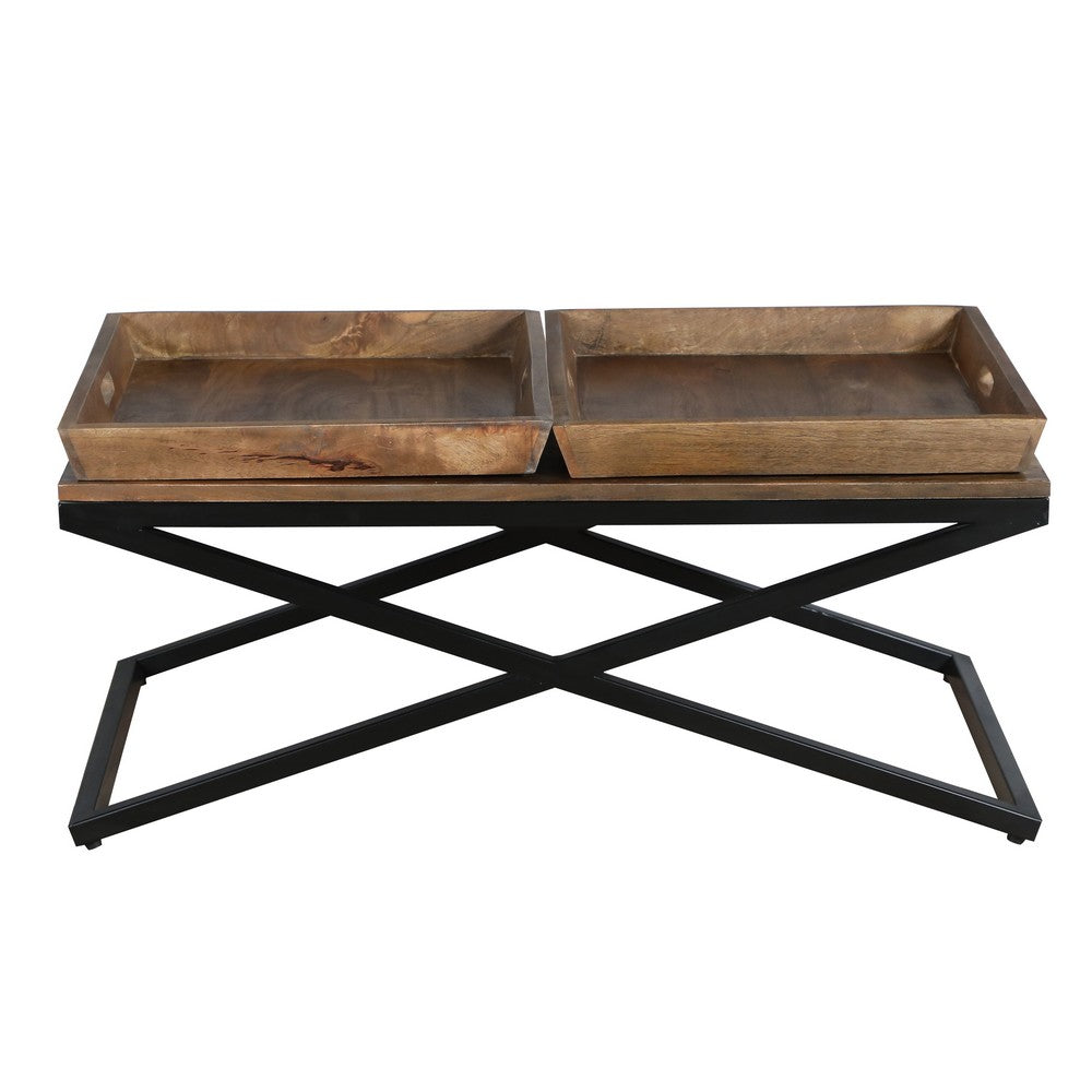 38 Inch Rectangular Mango Wood Farmhouse Coffee Table, 2 Trays, X Iron Base, Brown and Black - UPT-262389