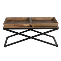 38 Inch Rectangular Mango Wood Farmhouse Coffee Table, 2 Trays, X Iron Base, Brown and Black - UPT-262389