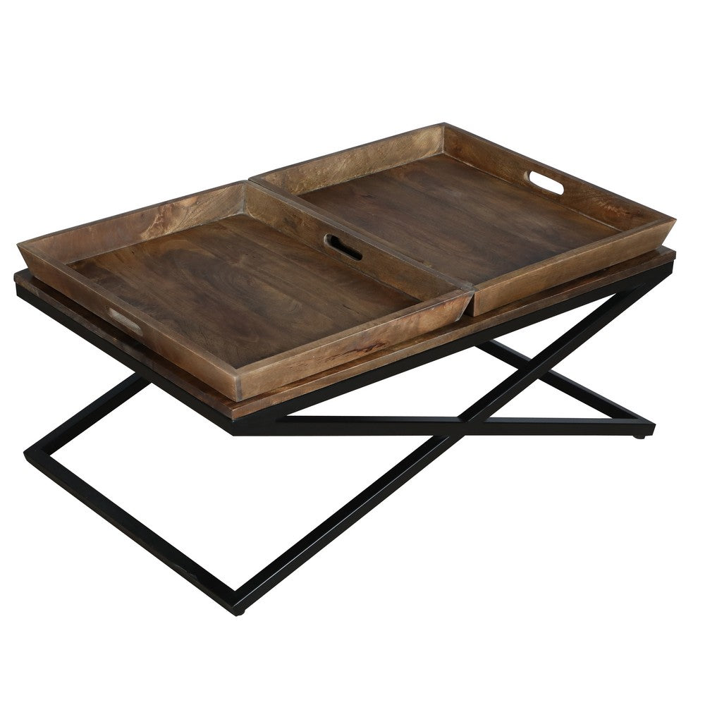 38 Inch Rectangular Mango Wood Farmhouse Coffee Table, 2 Trays, X Iron Base, Brown and Black - UPT-262389