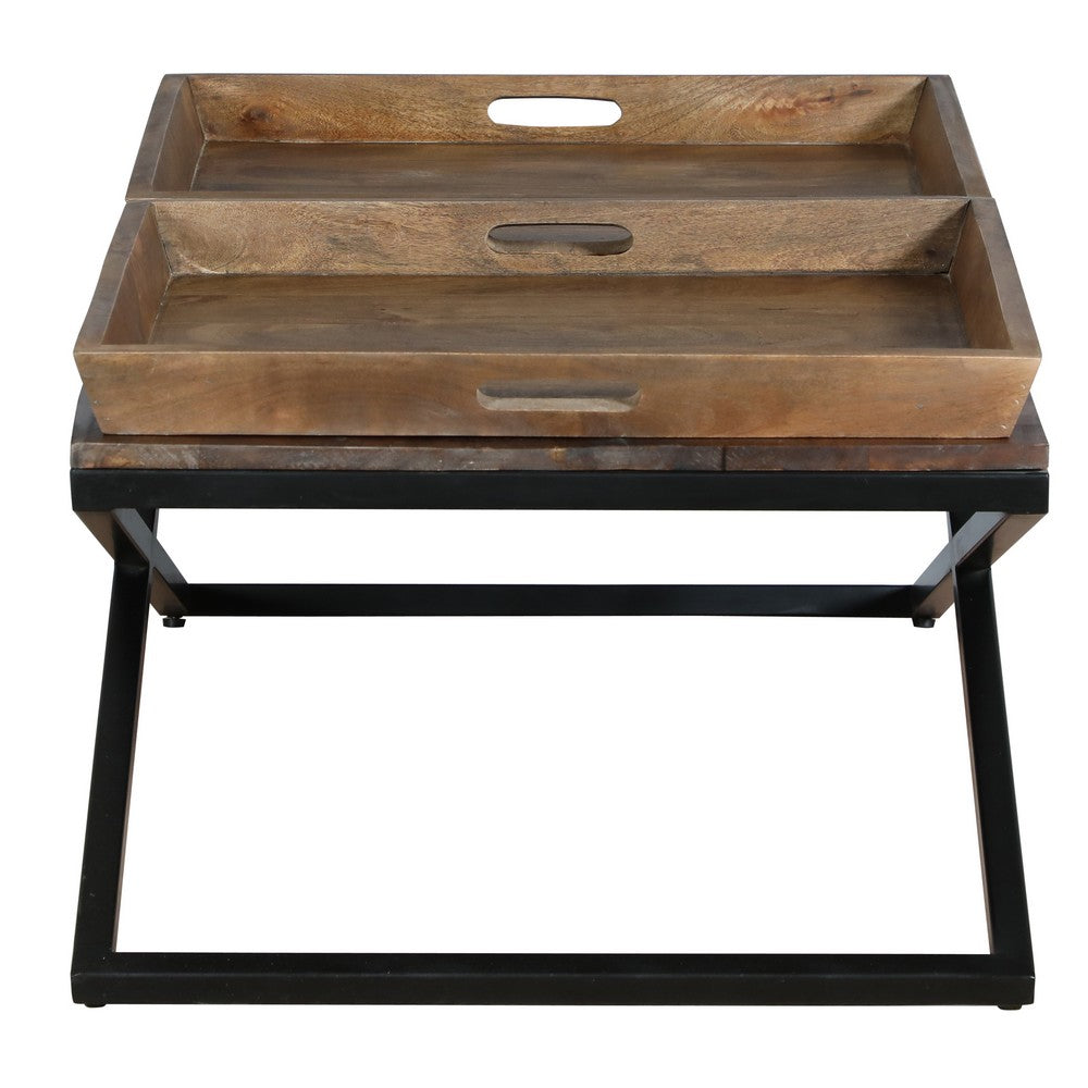 38 Inch Rectangular Mango Wood Farmhouse Coffee Table, 2 Trays, X Iron Base, Brown and Black - UPT-262389