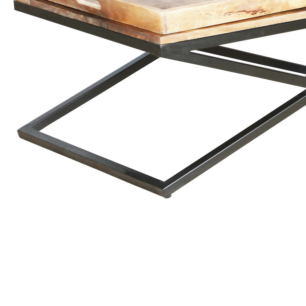 38 Inch Rectangular Mango Wood Farmhouse Coffee Table, 2 Trays, X Iron Base, Brown and Black - UPT-262389