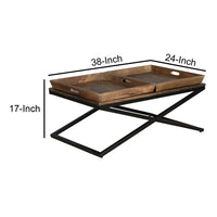 38 Inch Rectangular Mango Wood Farmhouse Coffee Table, 2 Trays, X Iron Base, Brown and Black - UPT-262389