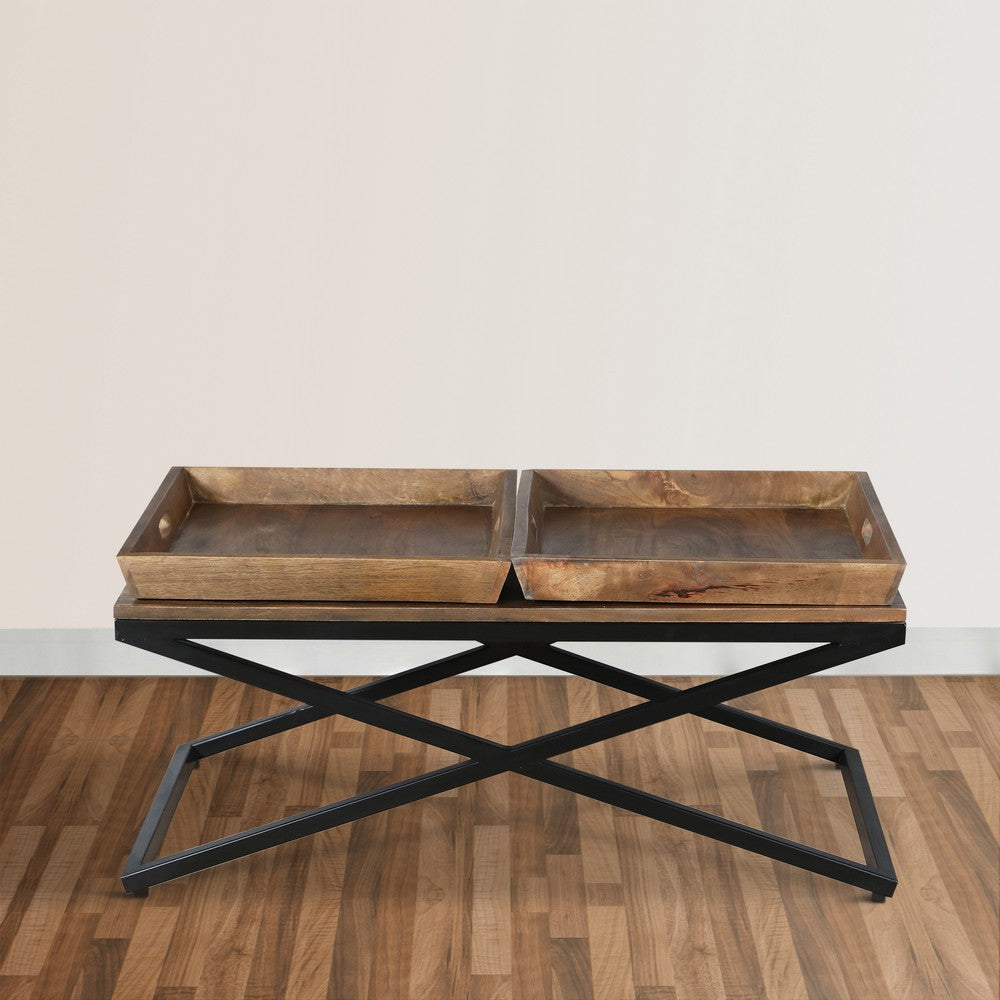 38 Inch Rectangular Mango Wood Farmhouse Coffee Table, 2 Trays, X Iron Base, Brown and Black - UPT-262389