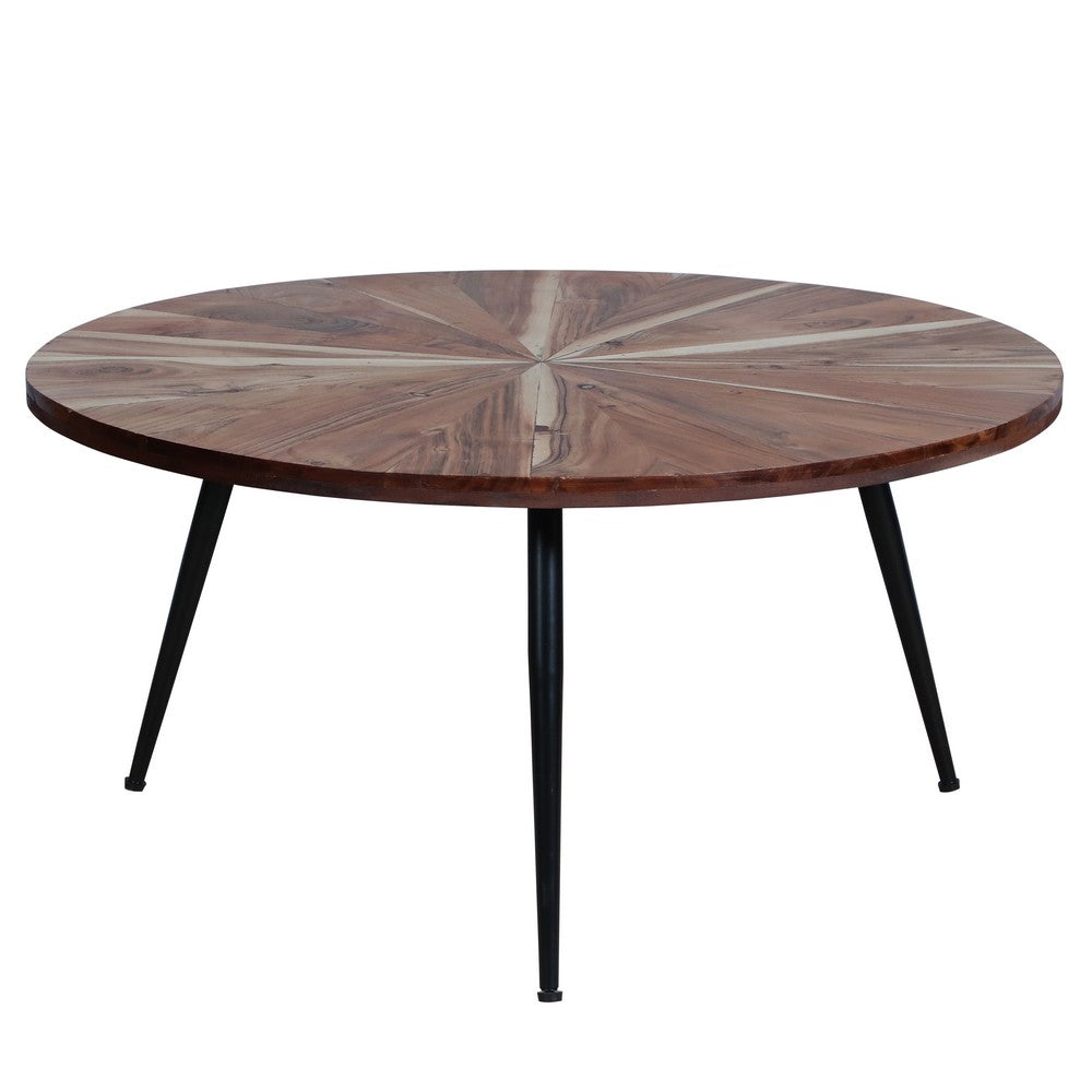 31 Inch Round Mango Wood Coffee Table, Sunburst Design, Tapered Iron Legs, Brown, Black - UPT-262390