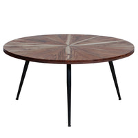 31 Inch Round Mango Wood Coffee Table, Sunburst Design, Tapered Iron Legs, Brown, Black - UPT-262390