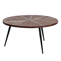 31 Inch Round Mango Wood Coffee Table, Sunburst Design, Tapered Iron Legs, Brown, Black - UPT-262390